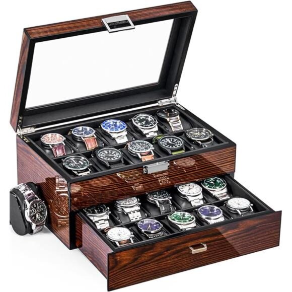 High-End Watch Box 20-Slot Watch Case with Large Glass Lid Wooden Watch Cases